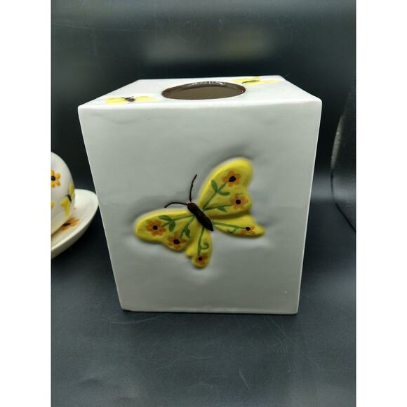 Vintage Ceramic 4 Piece Bathroom Vanity Set Butterfly Daisy Yellow Orange 1980's - Picture 12 of 16